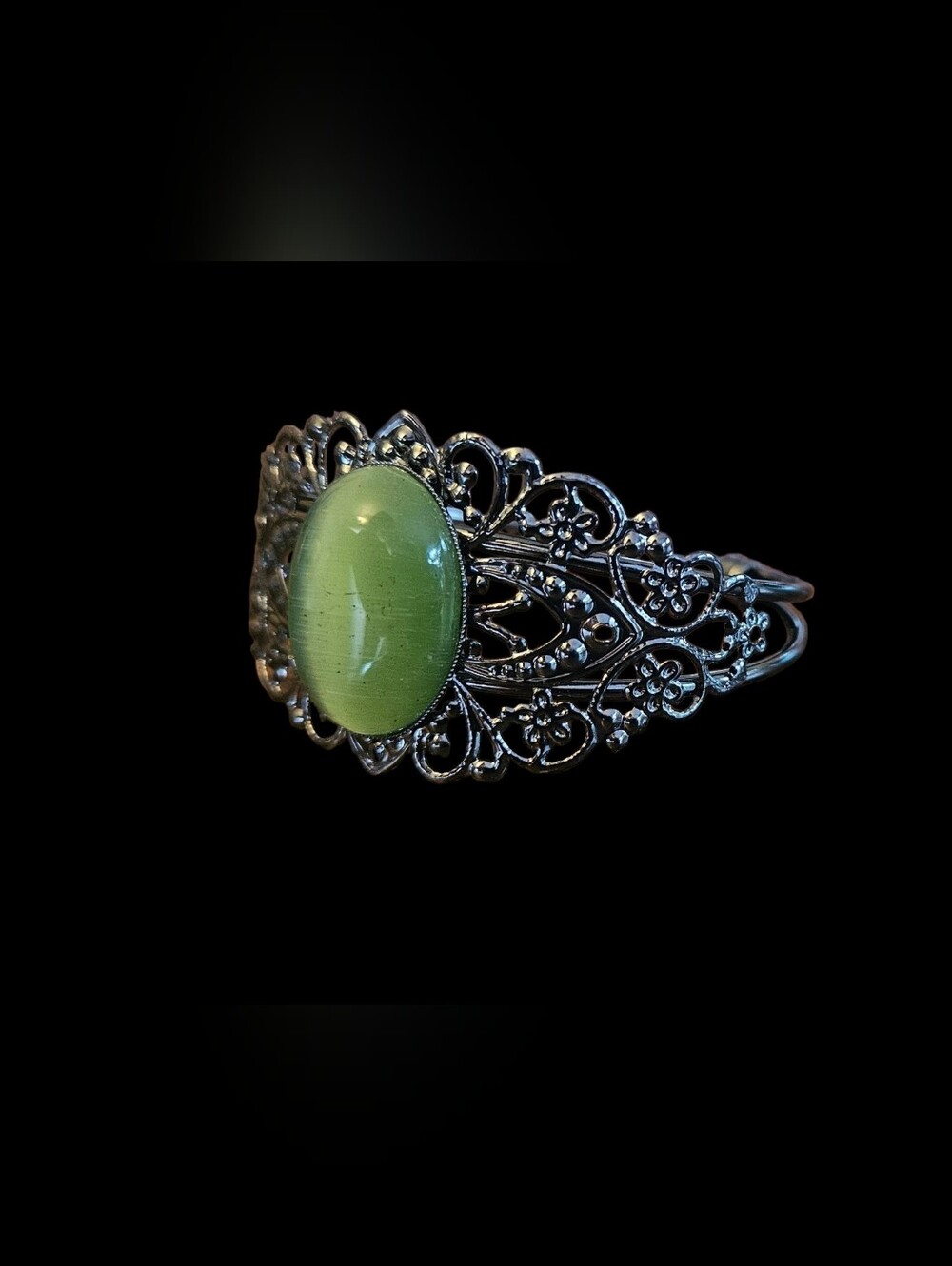 Dark Silver-Tone Bracelet with Green Cabochon